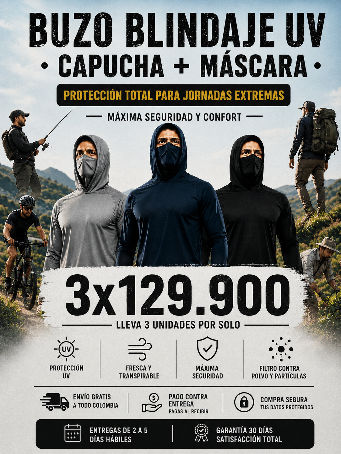 PROTECCIÓN TOTAL: CAMISETA + CAPUCHA + TAPABOCA + ENVIO GRATIS🤩